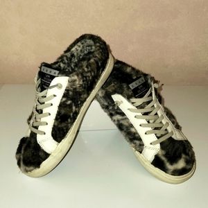 Vintage Havana Snuggle Fur Pewter Snake Slip on Mule Shoe Size 6 Brown/Cream